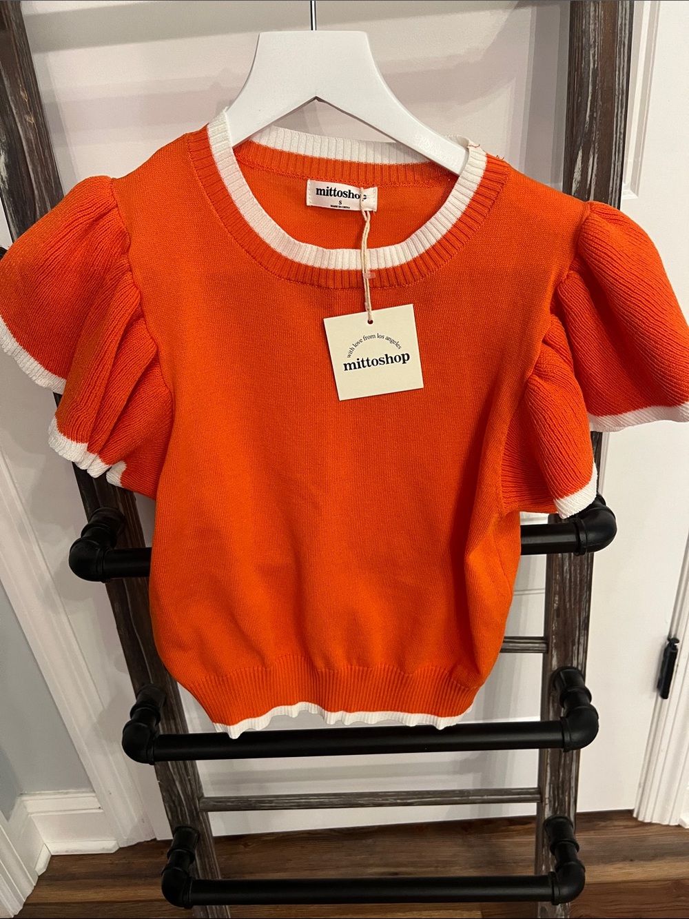 mittoshop Orange Knit Puff-Sleeve Top with White Trim